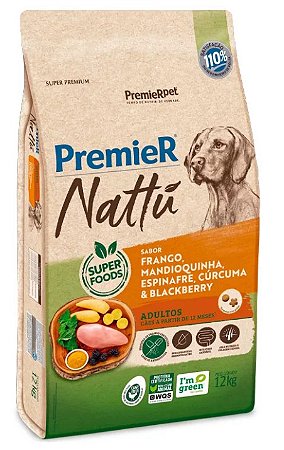 Ração Seca Premier Nattu Cães Adultos sabor Frango e Mandioquinha 12kg