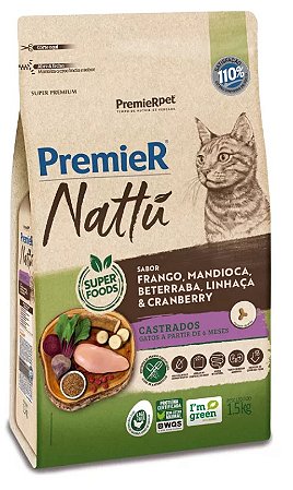 Ração Seca Premier Nattu Gatos Castrados sabor Frango e Mandioca