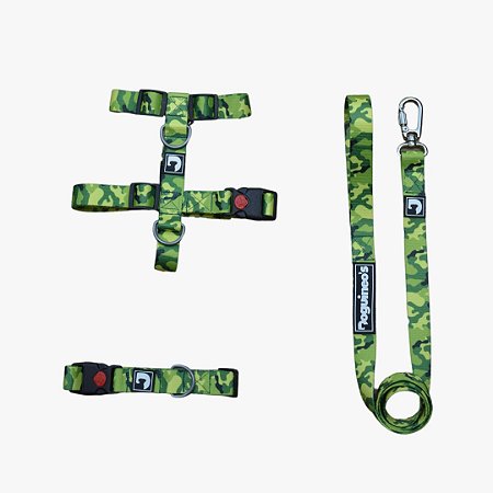 Kit Peitoral H antipuxão + Guia + Coleira para cães - Militar