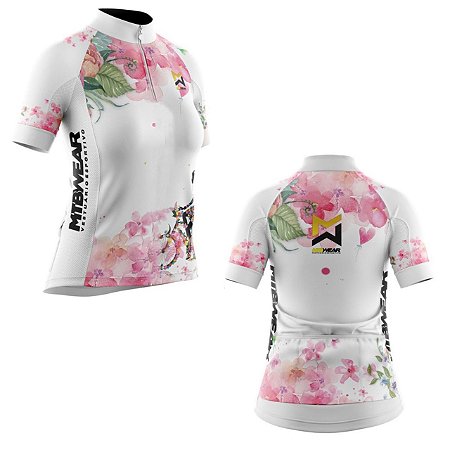 Camisa Floral Branca Feminino modelos Ciclismo Camiseta Para Ciclista com Proteção UV/UVB/UVA 50+Zíper Parcial(Curto)