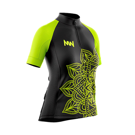 Camisa Ciclismo Feminina e Infantil/Camiseta Ciclismo Preta/Verde Fluor Mandala cód 581