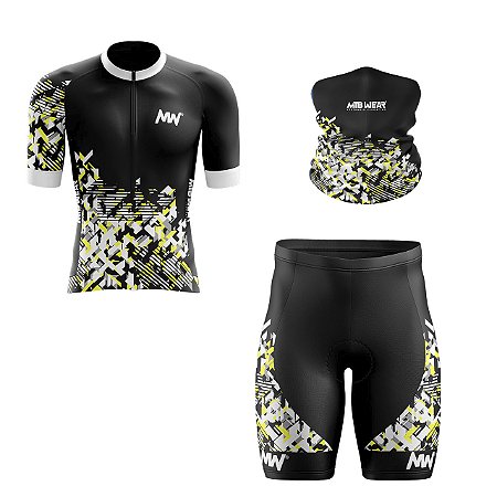 Kit Ciclismo Camisa + Bermuda Forro em Gel + Bandana Geométrica Masculino/Feminino e Infantil Proteção UV