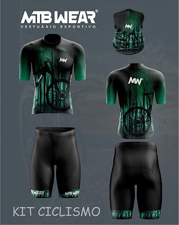 Kit Ciclismo Camisa + Bermuda Forro em Gel + Bandana Nossa Senhora Preto Masculino/Feminino e Infantil Proteção UV