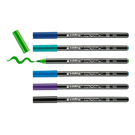 edding 4200 - Kit c/6 canetas para porcelana permanente - Tons frios - 1 a 4 mm