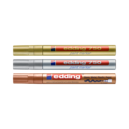 edding 750 - Kit c/3 Marcadores permanentes metálicos - Dourado + Prata + Cobre