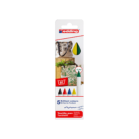 edding 4600 - Kit c/5 canetas para tecido permanente - Base d’água - 1 mm