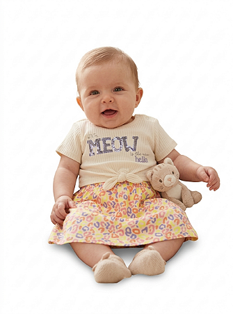 VESTIDO BEBE INFANTIL MANGA CURTA ESTAMPADO MEOW FAKINI KIDS