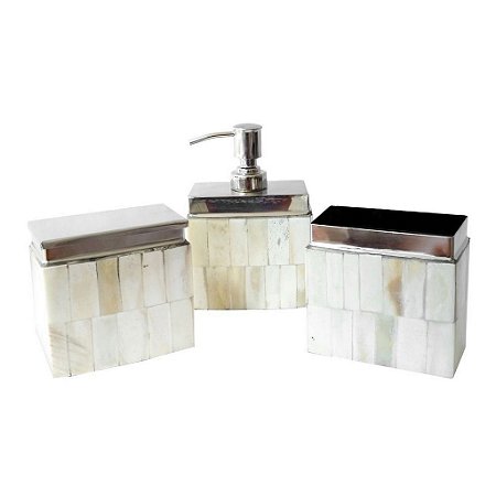 KIT LAVABO EM INOX E OSSO POTES PARA ALGODÃO ESCOVA SABONETE