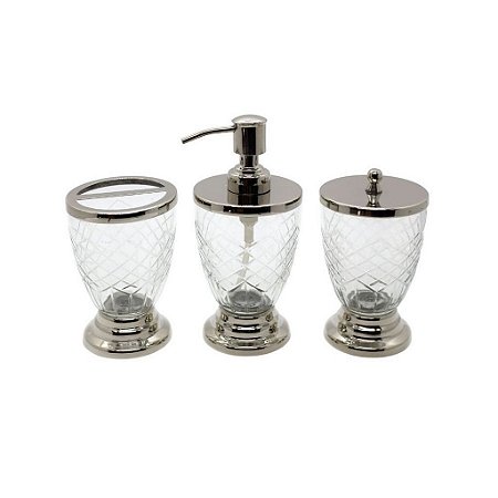 KIT LAVABO VIDRO E INOX POTES PARA ALGODÃO AROMA SABONETE