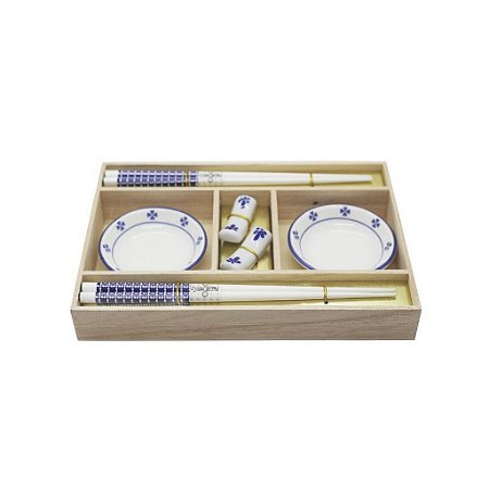 KIT COMIDA JAPONESA EM BAMBU BRANCO E AZUL PARA 2