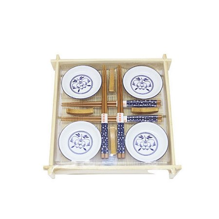KIT COMIDA JAPONESA EM BAMBU BRANCO E AZUL PARA 4