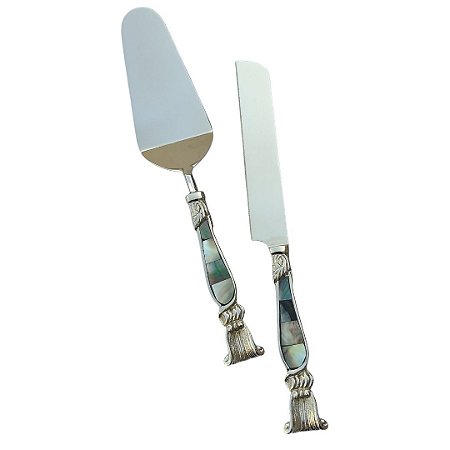 KIT ESPÁTULA E FACA PARA BOLO EM INOX E MADREPÉROLA