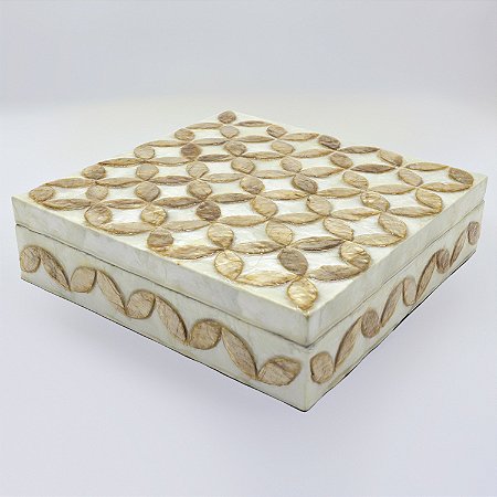 CAIXA EM MADEIRA EM MADREPÉROLA DESIGN FOLHAS 20x20x5cm