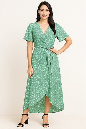 Vestido longo traspassado estampado
