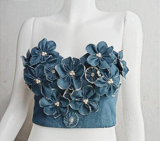 Cropped tomara que caia - Jeans Floral