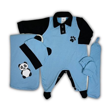Saída de Maternidade Azul Bebê Ursinho Panda com 5 Peças