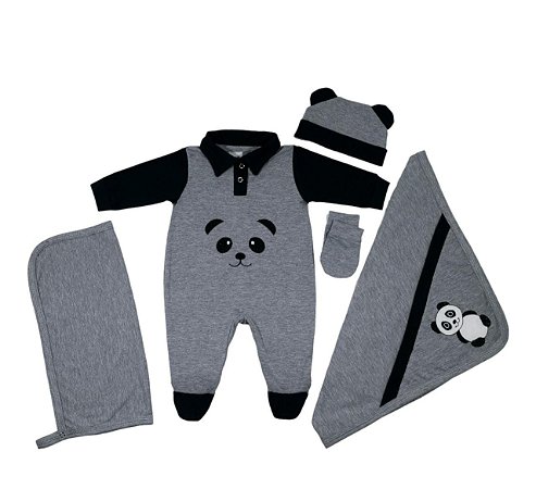 Saída De Maternidade Cinza Urso Panda com 5 Peças