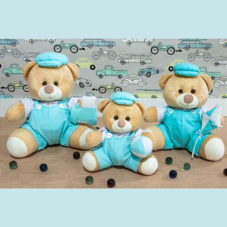 Trio de Ursinhos com Brinquedos e Macacão Azul Tiffany 18cm 22cm 26cm -  LuckBaby