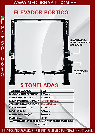 ELEVADOR PORTICO HIDRAULICO 5T - MF5000 PRO MONOFASICO