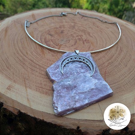 Colar/Choker de pedra bruta mica roxa- lepidolita PROMO