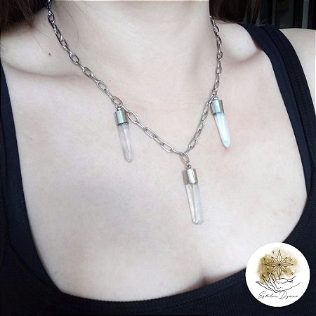 Choker com pontas de pedras bruta quartzo Cristal. aço inoxidável. PROMO