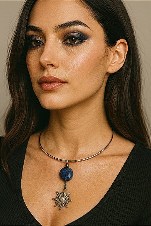 choker colar com pingente de pedra natural sodalita