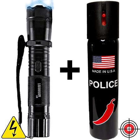 Kit Defesa Pessoal Lanterna Taser + Spray POLICE U.S.A - FORSHOOTER -  Militar e tático