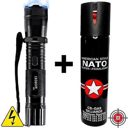 Kit Defesa Pessoal Lanterna Taser + Spray AMERICAN NATO CS-GAS 110ml
