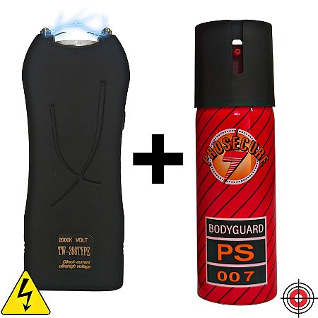 Kit Defesa Pessoal Mini Taser + Spray de Defesa BODYGUARD PS 007 60ml
