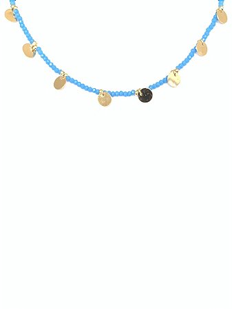 CHOKER CRISTAIS AZUIS E MEDALHINHAS.