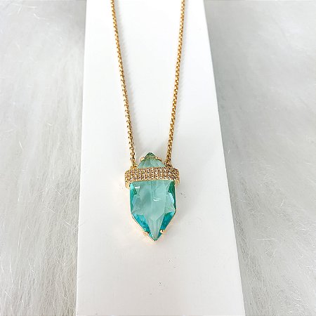COLAR PEDRA DE CRISTAL AZUL, COM ZIRCÔNIAS.