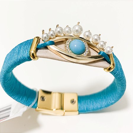PULSEIRA DE COURO AZUL, OLHO GREG0.