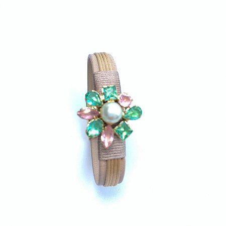 PULSEIRA EM COURO FLOR, ZIRCÔNIAS COLORIDAS.