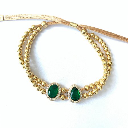 PULSEIRA DE BOLINHAS,  PEDRAS DE CRISTAL VERDE E ZIRCÔNIAS BRANCAS.