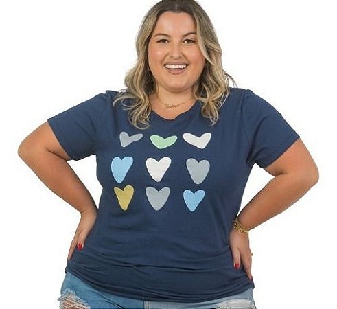Blusa Feminina Plus Size T-shirt Azul Coração - Helena Modas e Acessorios