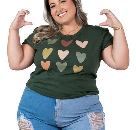 Blusa Feminina Plus Size Verde Militar Coração Tshirt G5/g6 - Helena Modas  e Acessorios