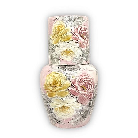 Moringa Francesa Jarra Água com Copo de Porcelana 1,250 ml ROSAS BRANCA ROSA AMARELA/ROSA