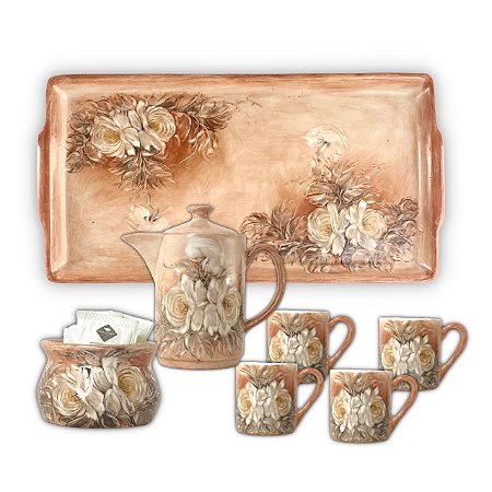 Jogo Cantinho do Café 4 Mini Canecas 50 ml Bule Reto 360 ml Açucareiro Porta Sache e Bandeja de Porcelana Pintada à Mão
