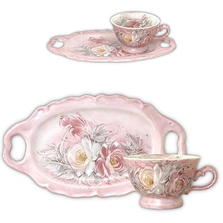 Xícara de Café Lady 80 ml com Bandeja de Lanche Porcelana Oval Pintada à Mão ROSAS BRANCA ROSA - ROSA