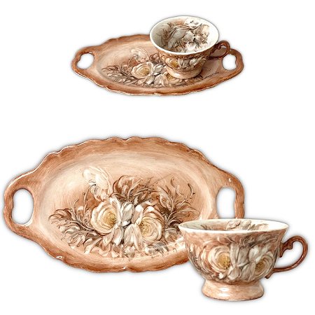 Xícara de Café Lady 80 ml com Bandeja de Lanche Porcelana Oval Pintada à Mão ROSAS BRANCA - CHOCOLATE