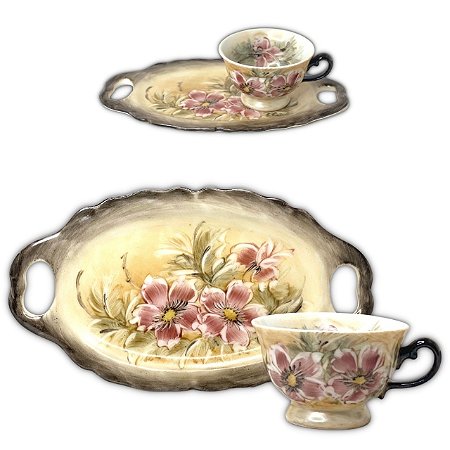 Xícara de Café Lady 80 ml com Bandeja de Lanche Porcelana Oval Pintada à Mão AZALEIA SILVESTRE ROSA - AMARELO MARROM