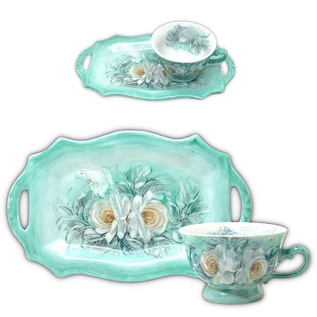 Xícara de Café Lady 80 ml com Bandeja de Lanche Porcelana Aladim Pintada à Mão ROSAS  BRANCA - TIFFANY