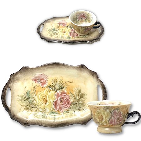 Xícara de Café Lady 80 ml com Bandeja de Lanche Porcelana Aladim Pintada à Mão ROSAS AMARELO ROSA - CARAMELO MARROM