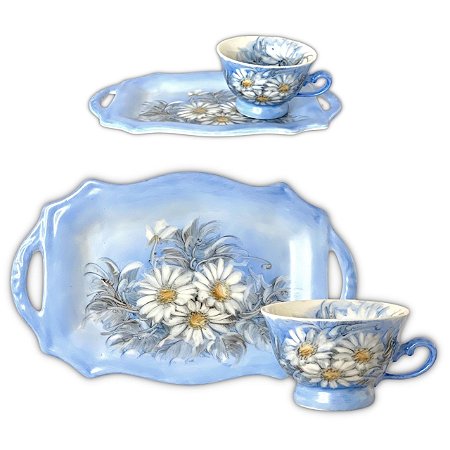Xícara de Café Lady 80 ml com Bandeja de Lanche Porcelana Aladim Pintada à Mão MARGARIDAS BRANCA - AZUL