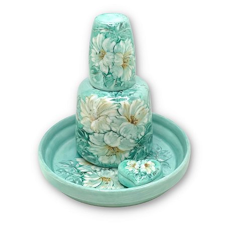 Kit Moringa Jarra de Água com Copo de Porcelana 500 ml Prato de Apoio e Porta Remédio Pintado à Mão AZALEIA BRANCA/TIFFA