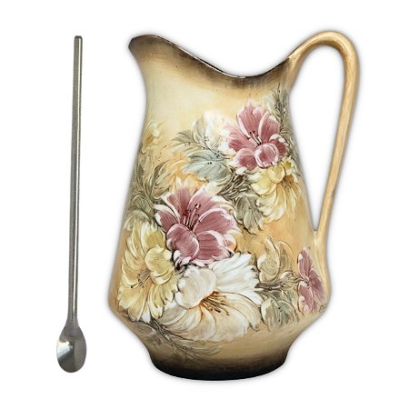 Jarra para Suco Leiteira Suqueira Jarro para Água de Porcelana 2,5 Litros com Colher Bailarina Pintado à Mão AZALEIAS