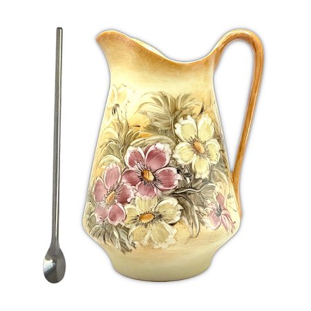 Jarra para Suco Leiteira Suqueira Jarro para Água de Porcelana 2,5 Litros com Colher Bailarina Pintado à Mão AZALEIAS
