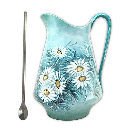 Jarra para Suco Leiteira Suqueira Jarro para Água de Porcelana 2,5 Litros com Colher Bailarina Pintado à Mão MARGARIDA