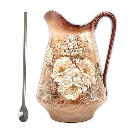 Jarra para Suco Leiteira Suqueira Jarro para Água de Porcelana 2,5 Litros com Colher Bailarina Pintado à Mão ROSAS