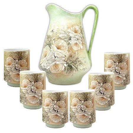 Jarra para Suco Sangria Chá Leiteira 2,5 Litros com 6 Copos de Porcelana 230 ml Pintado à Mão ROSAS BRANCA
